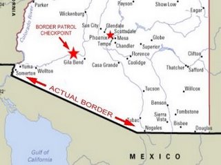 Where the internal chekpoint is located 60 miles N. of border and no road to Mexico